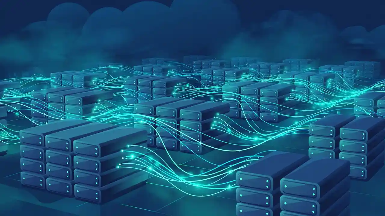 Illustration of cloud servers connected by glowing network links