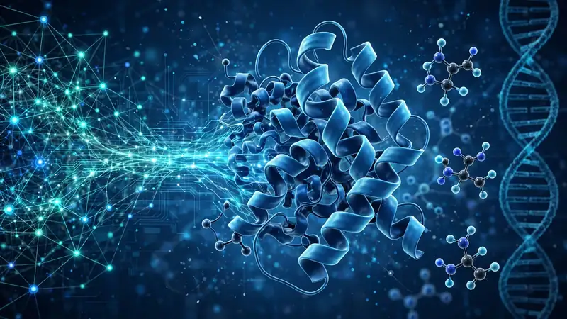 An illustration of an AI neural network merging with protein ribbons and molecular structures