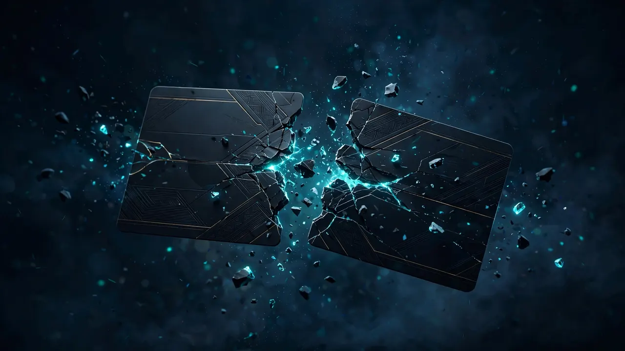 A dark premium subscription card splitting in half with glowing cyan fragments