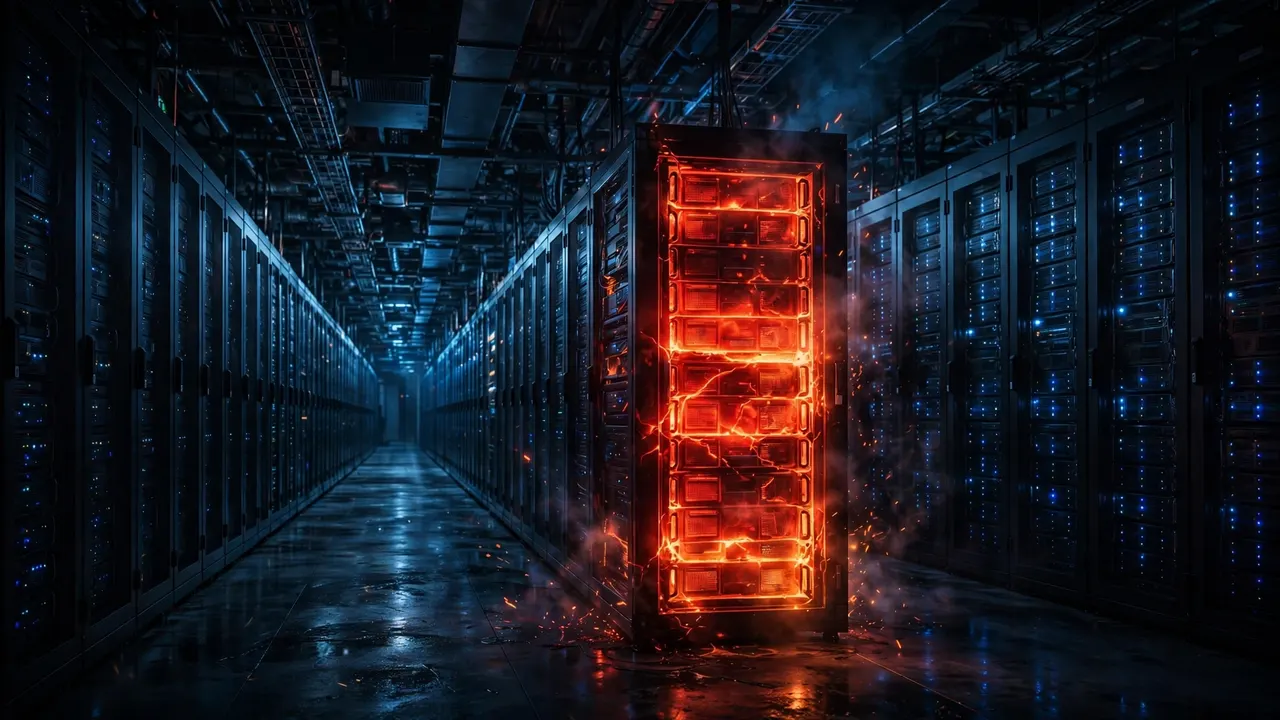 A data center corridor with one server rack glowing red-hot under heavy load