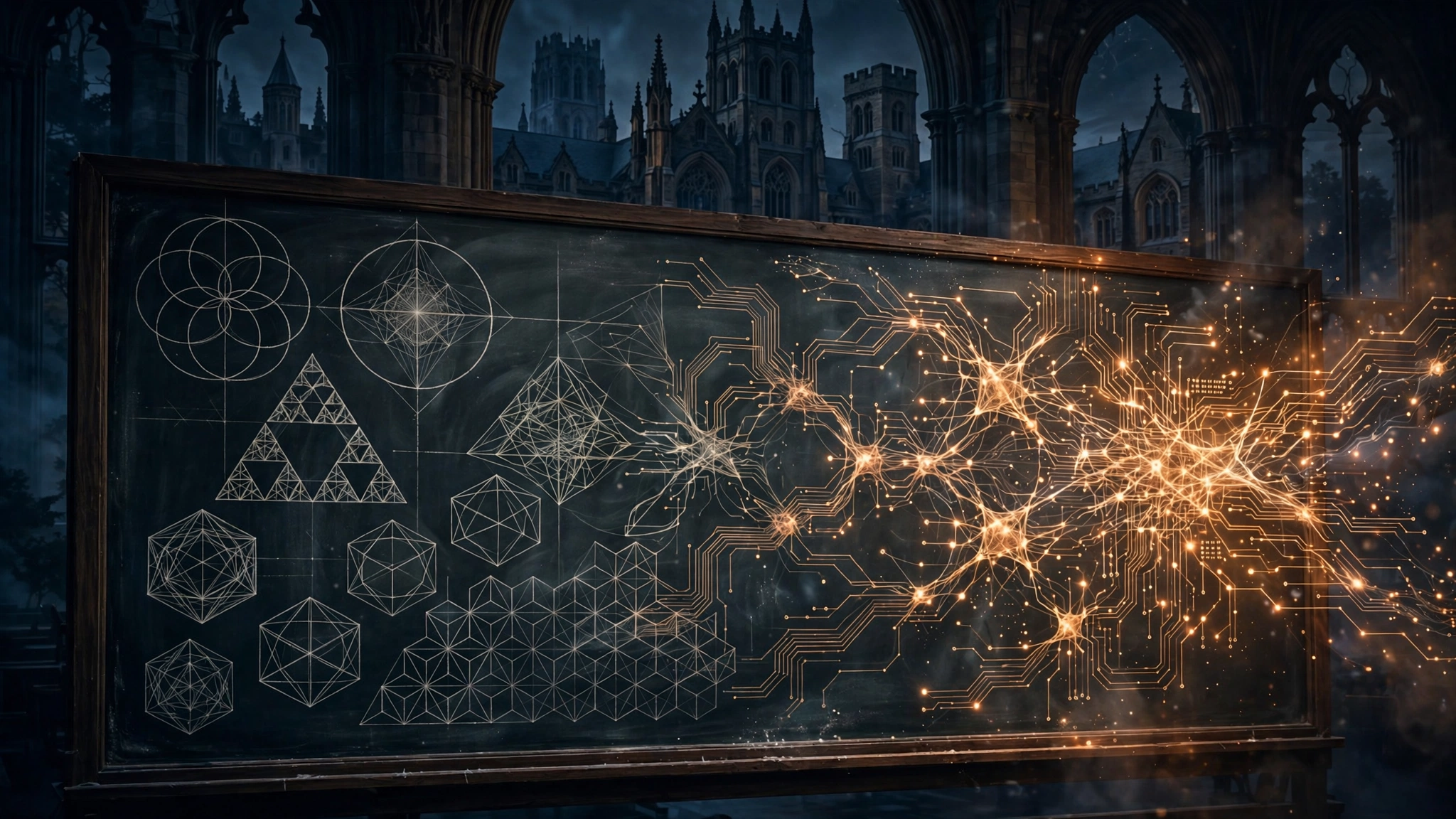 A mathematics chalkboard covered in geometric diagrams dissolving into glowing AI neural circuitry before a gothic academic hall