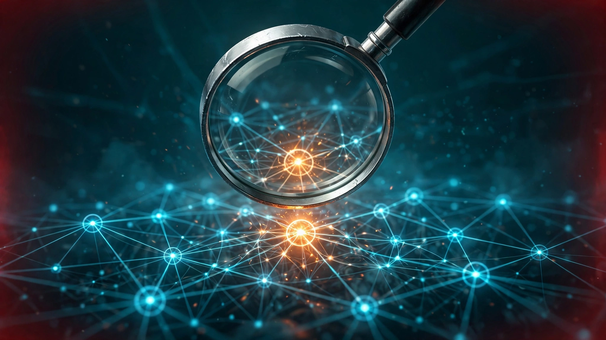 Editorial illustration of a magnifying glass revealing a flagged node in a neural network
