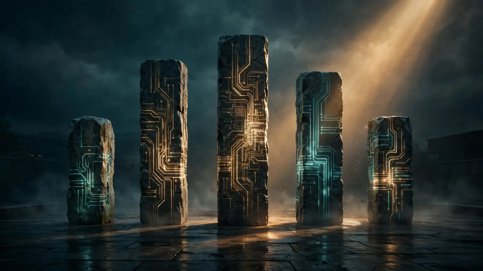 Five glowing stone pillars of different heights standing in a row, etched with circuit lines, under a beam of light