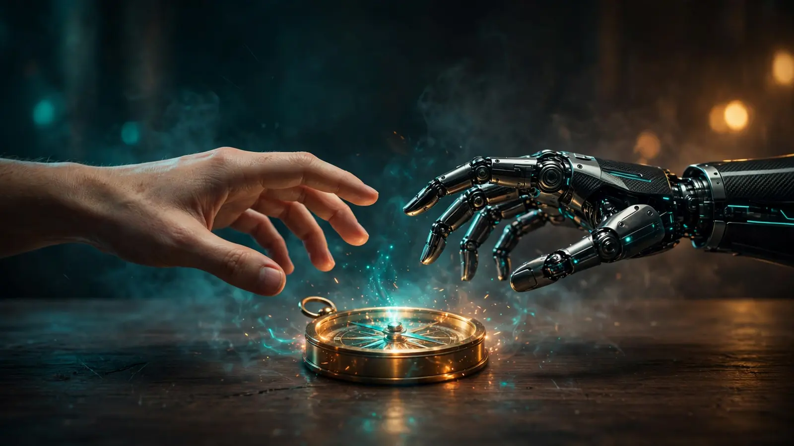 A human hand and a robotic hand reaching toward each other above a glowing compass