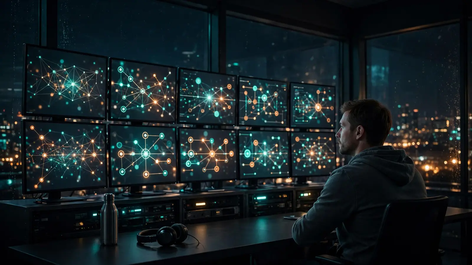 A supervisor watching a wall of monitors showing an AI agent's workflow at night