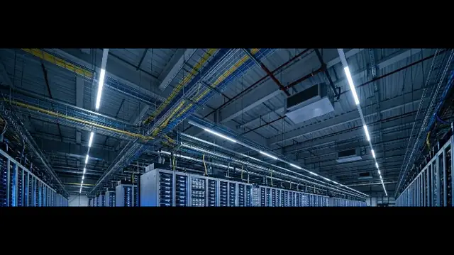 Rows of server racks in a modern cloud data center