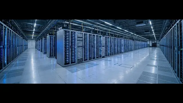 Data center server aisle with network cabling overhead