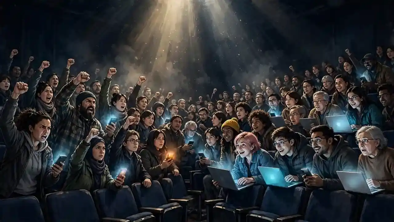 A large divided audience of people holding glowing devices, some cheering and some protesting, reacting to an announcement