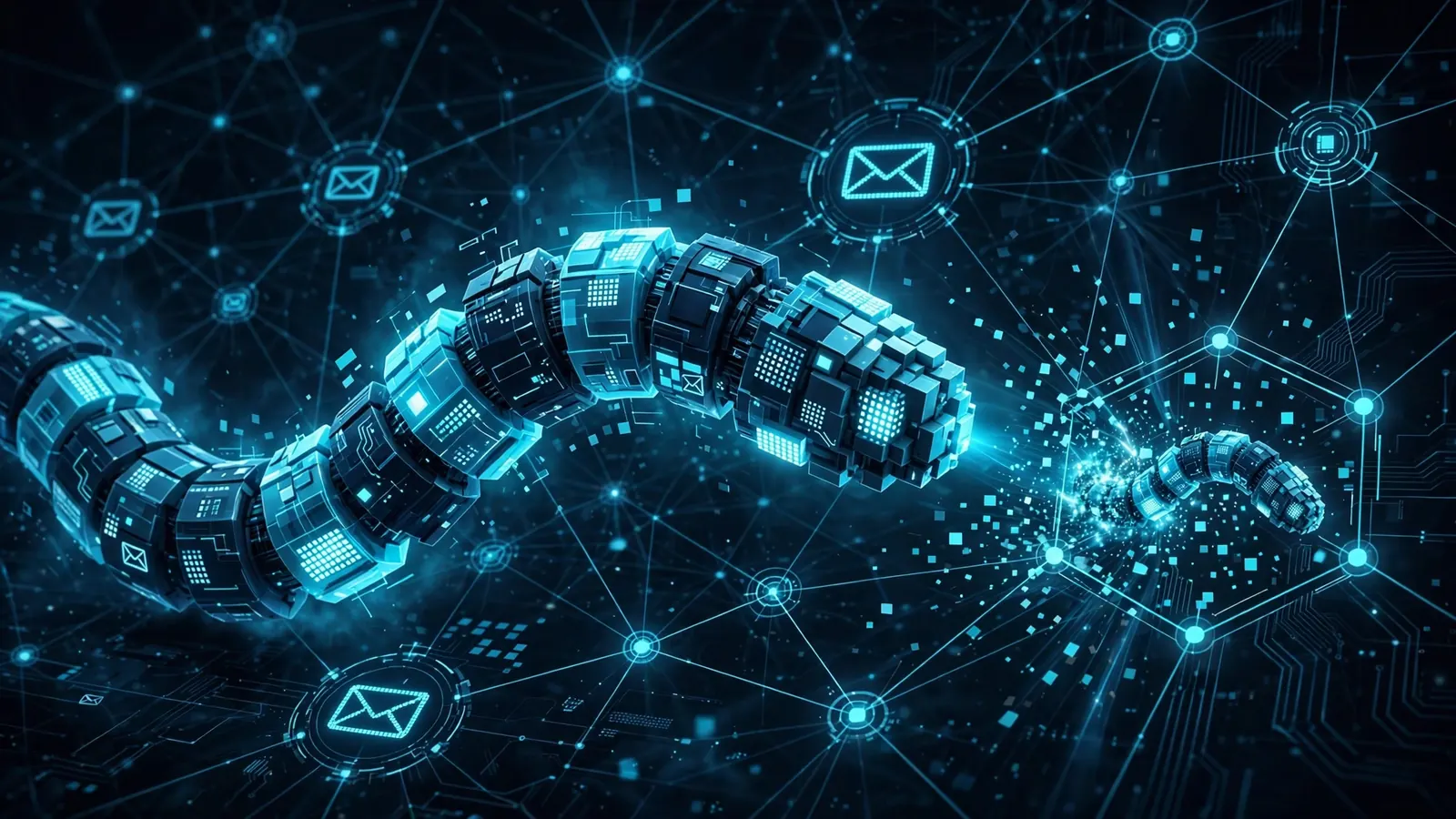 Editorial illustration of a segmented digital worm made of code spreading through a glowing network of nodes and email icons