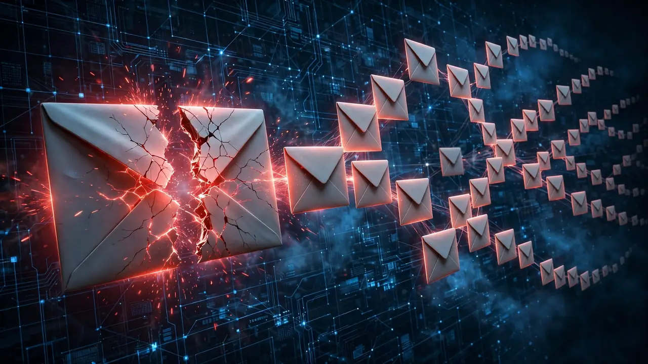 Illustration of one malicious email splitting into a spreading chain of duplicate envelopes across a network