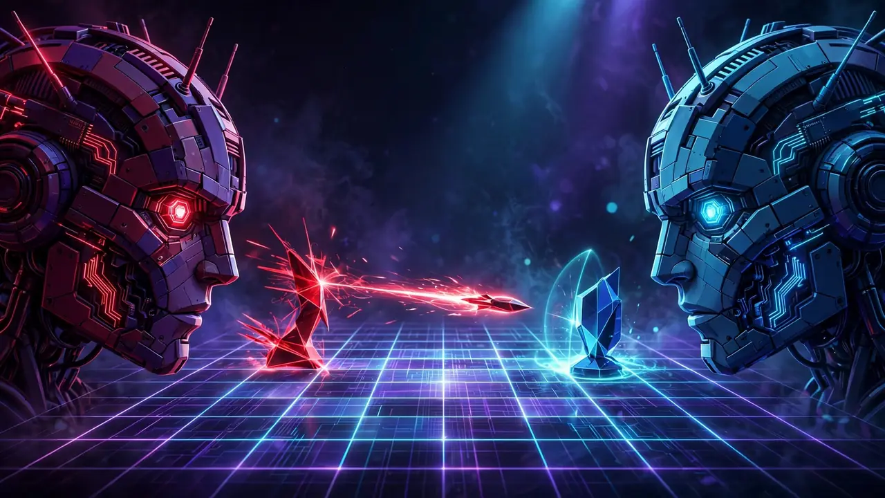 Illustration of a red attacker AI model and a blue defender AI model facing off in adversarial self-play training
