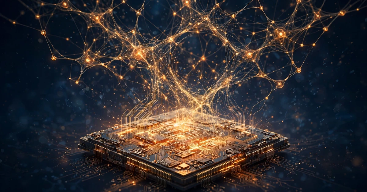 An AI neural network merging into a computer chip blueprint on a dark blue background