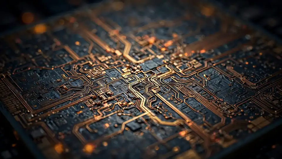Macro close-up of a silicon chip die with intricate circuit patterns