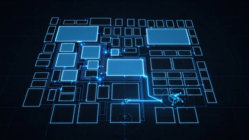 A chip floorplan layout being drawn by luminous blue lines