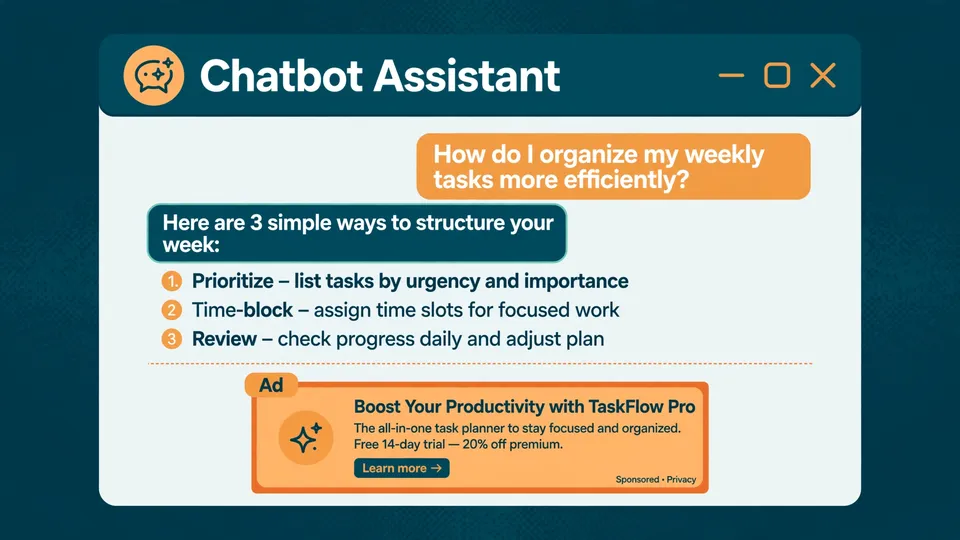 A chatbot interface showing a clearly labeled advertising panel separate from the chat response.