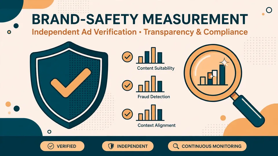 A shield with checkmarks beside charts and a magnifying glass, symbolizing independent ad measurement.