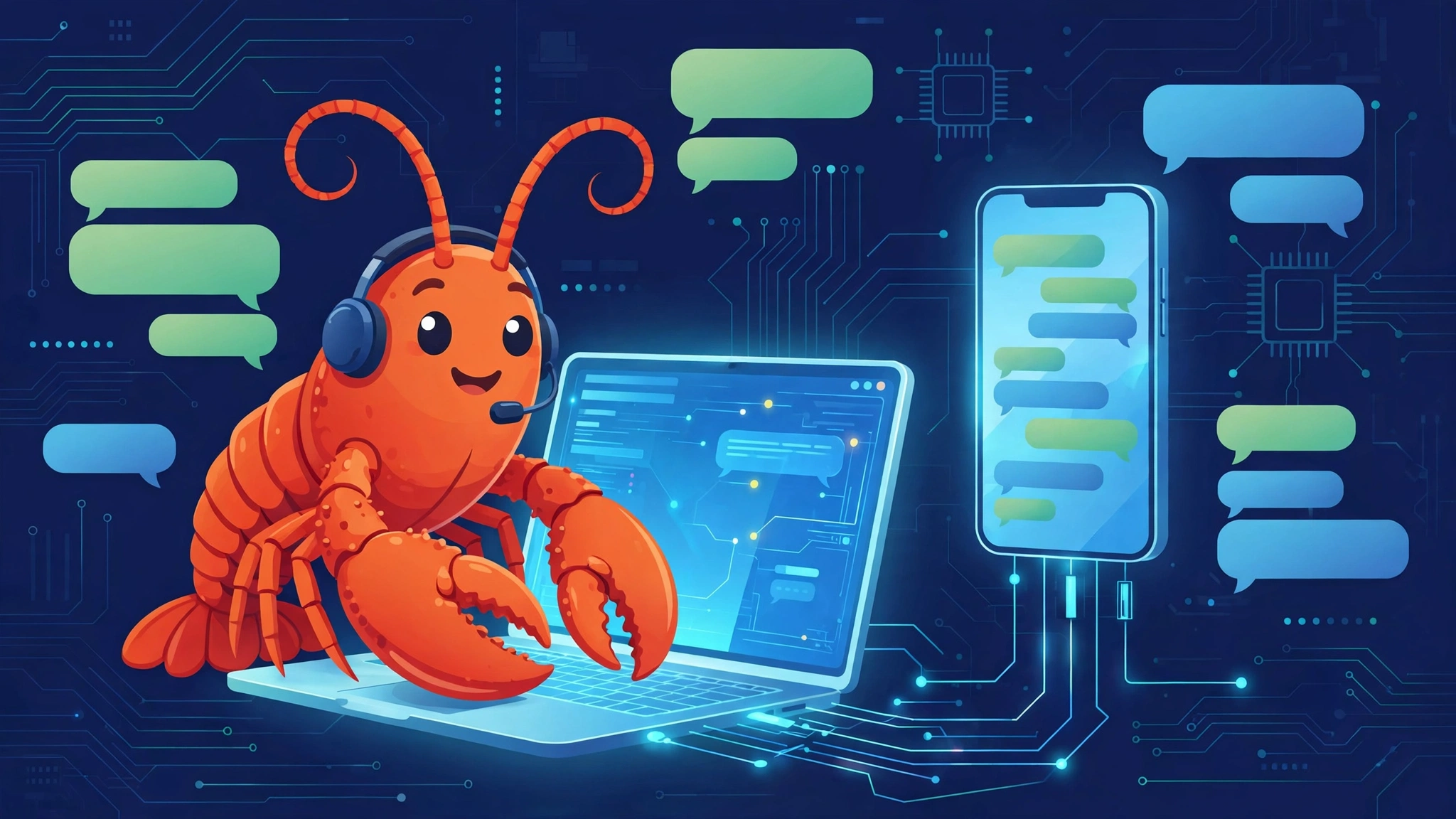 Editorial illustration: a friendly lobster AI assistant with a headset at a glowing laptop, surrounded by messaging-app chat bubbles and a smartphone showing a chat conversation, on a deep navy background