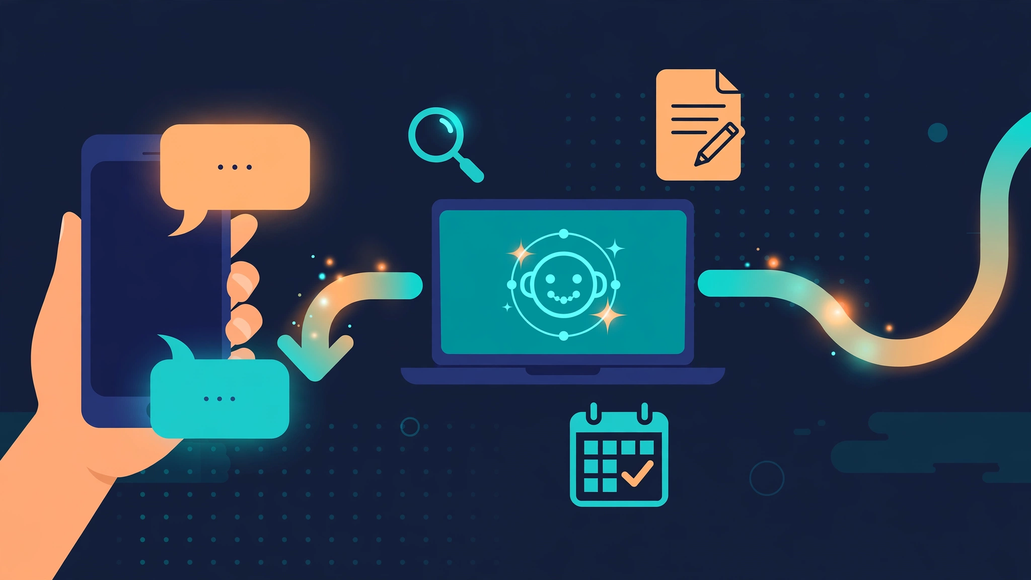 Workflow illustration: a message sent from a phone flows to a laptop where the AI assistant works with search, document, and calendar tools, then the reply flows back to the phone