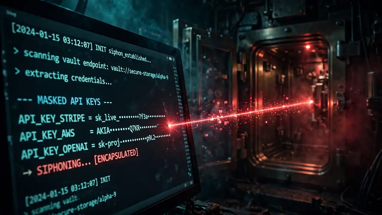 Illustration of API keys being siphoned from a developer terminal
