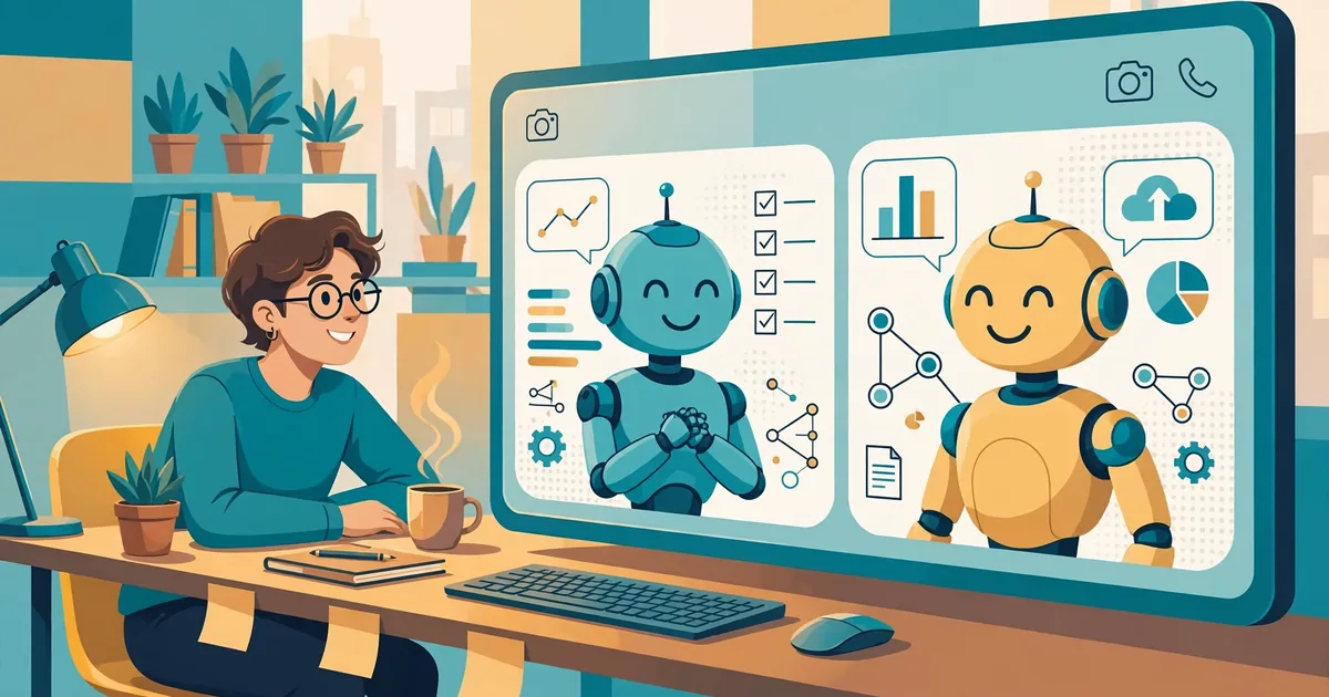 A person at a desk chatting with two friendly robot coworkers on a large screen showing live work