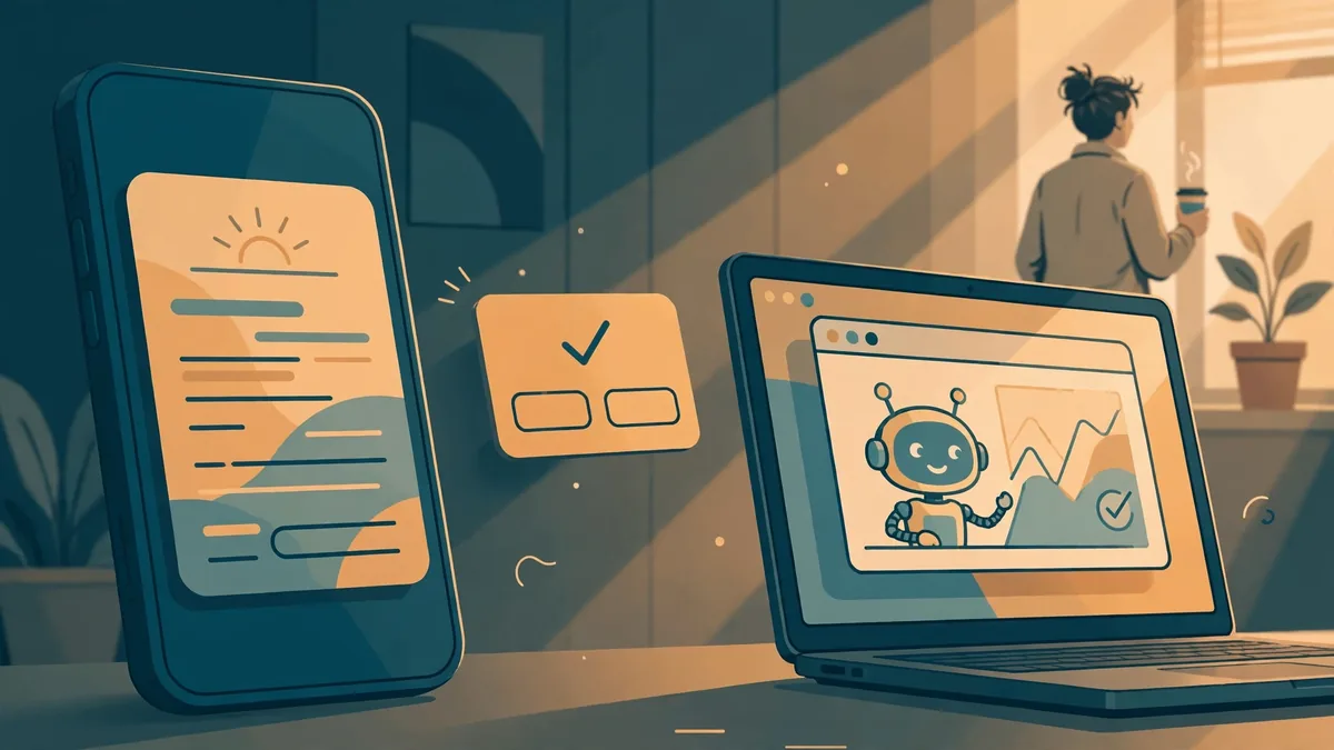 Illustration of a phone showing a morning brief beside a laptop where a robot assistant works, while a person with coffee looks out of a window