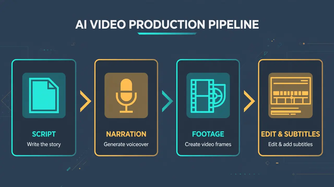An AI video production pipeline shown as connected stages: script, narration, footage, and an editing timeline