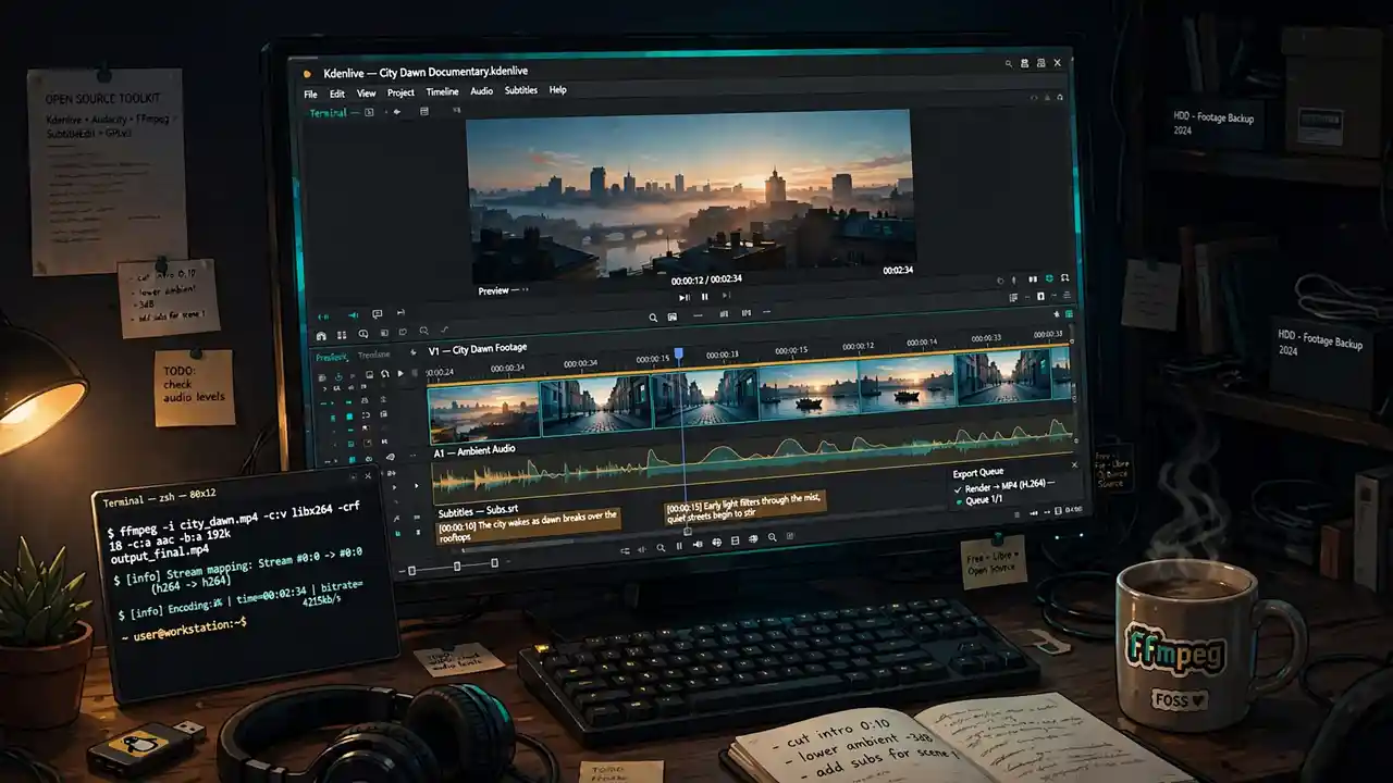 A desktop video editing workstation running a fully open-source pipeline: documentary footage, audio waveform, and subtitles on a timeline
