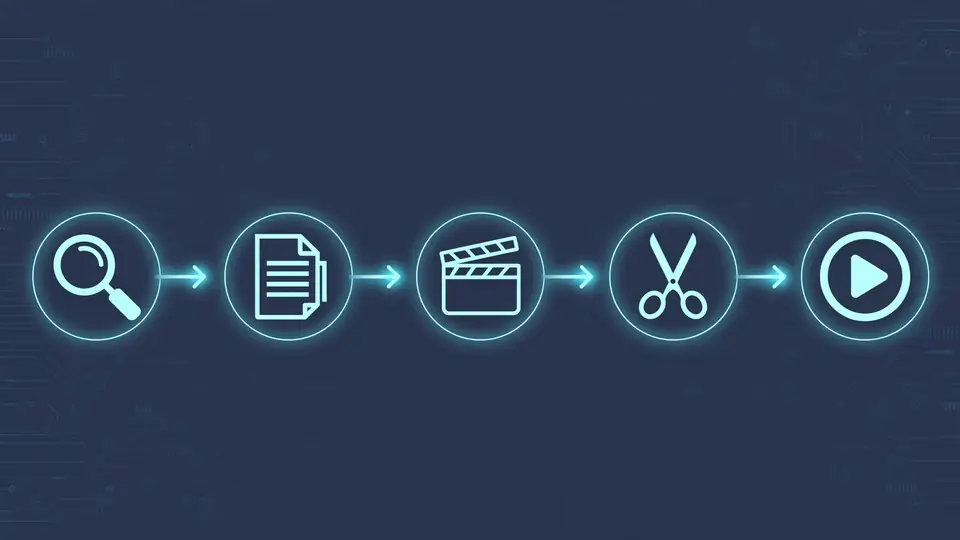 Diagram of an AI video production pipeline: research, script, assets, edit, and render stages linked by glowing arrows