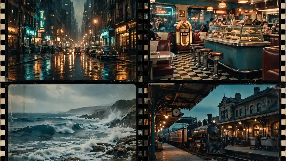 Evocative documentary montage of faded archival film frames: a rainy street, a 1950s diner, ocean waves, an old train station