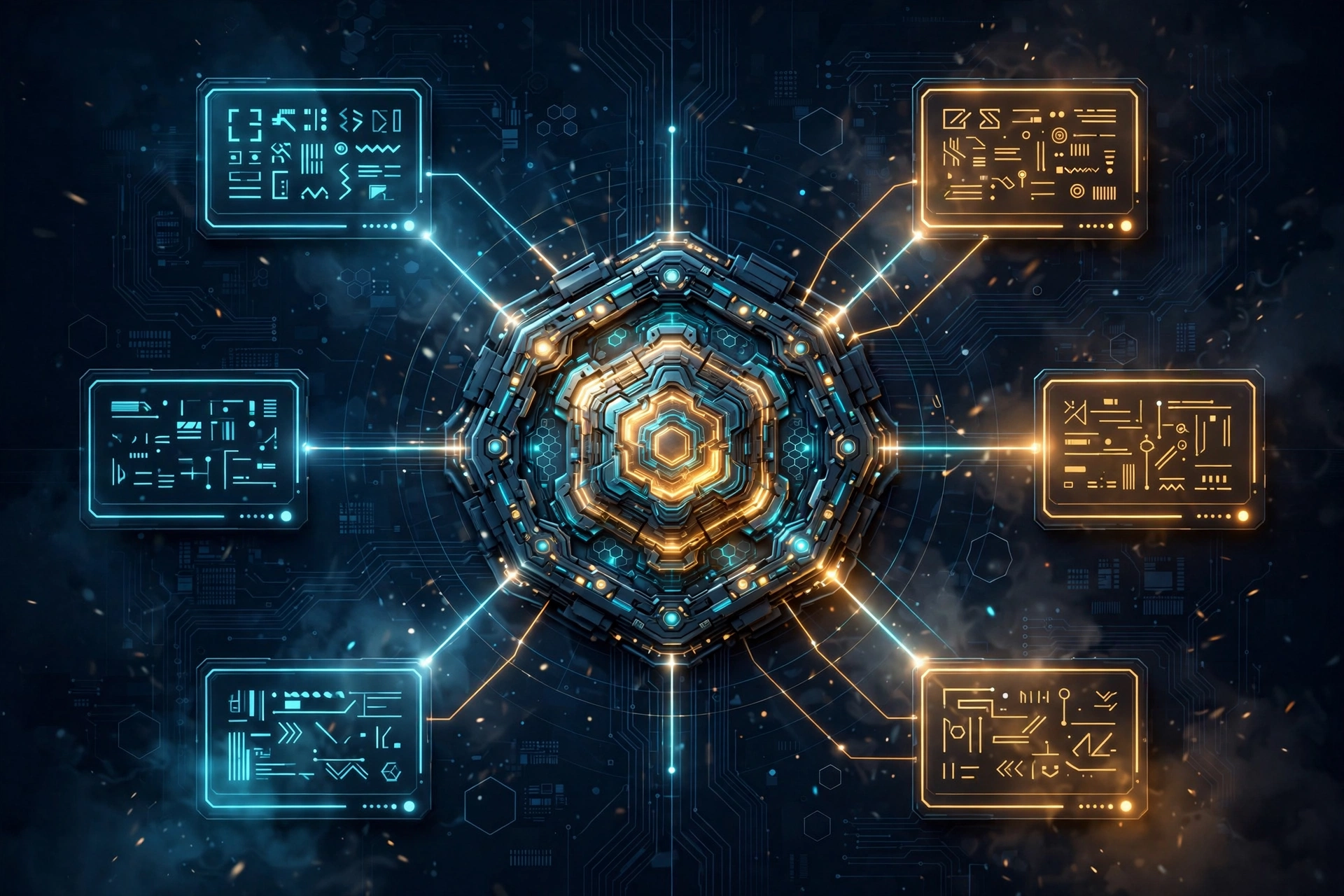 Mission-control style illustration: glowing terminal panes networked to a central hub, representing a persistent AI agent team