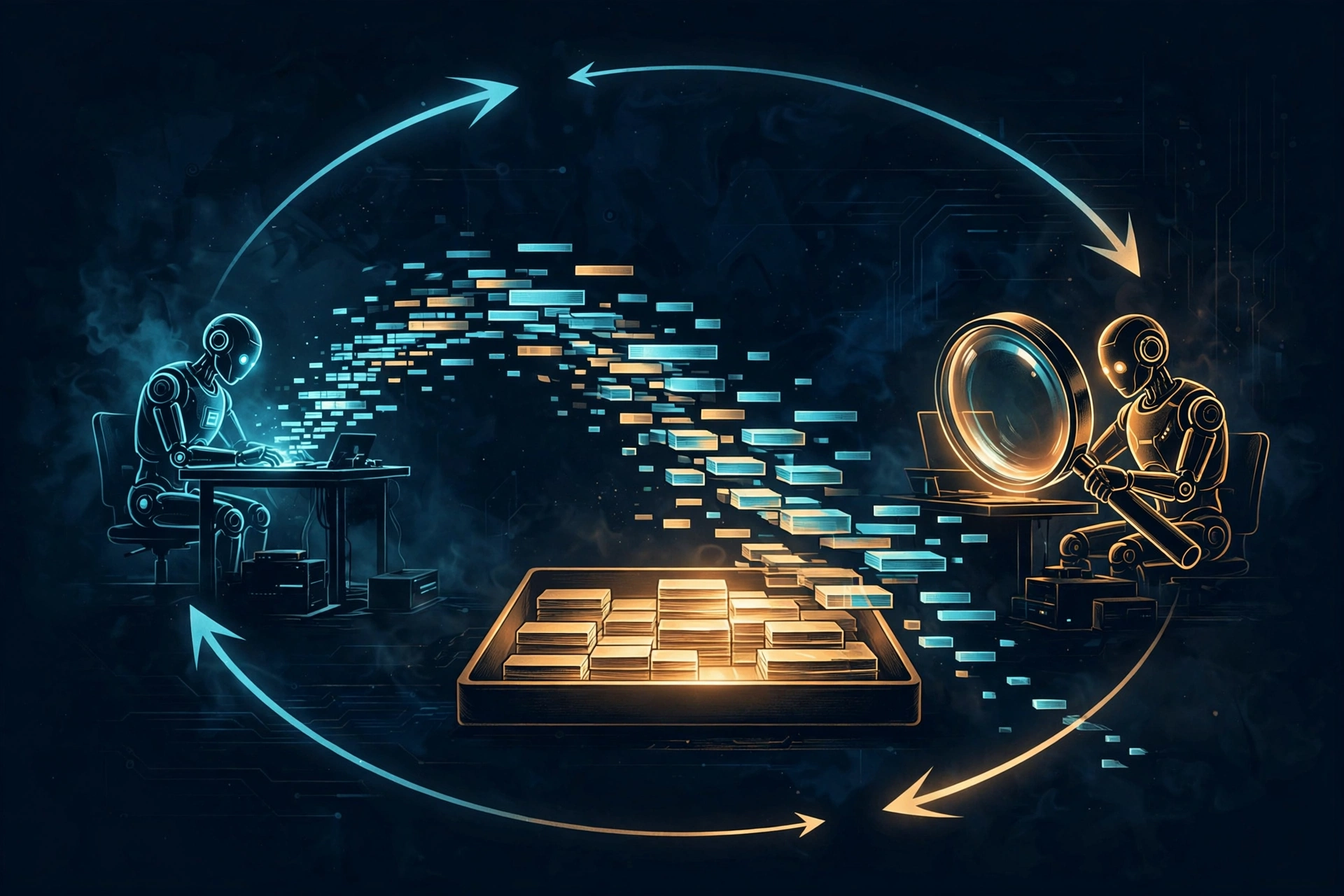 Illustration of the owner-checker loop: one agent implements, code flows to a review inbox, and a second agent inspects it