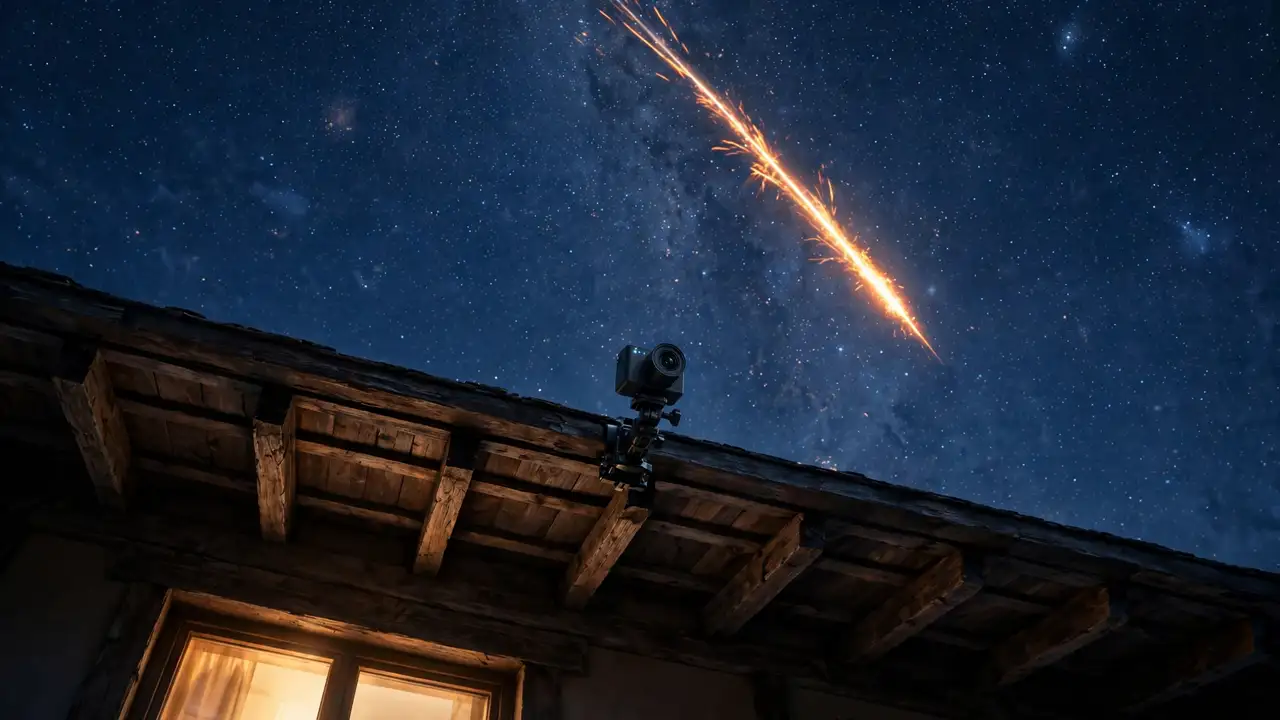 A small camera mounted under a roof eave at night, pointed at a starry sky with a bright meteor streaking across