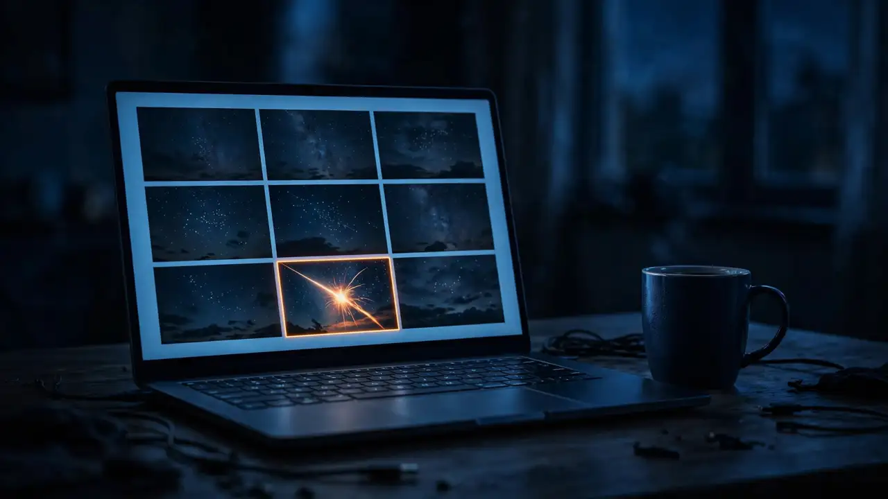 A laptop on a desk at night showing a grid of night-sky photos with one bright meteor photo highlighted
