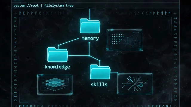 A terminal screen showing a glowing filesystem tree of folders for memory, knowledge, and skills, each with a small summary card