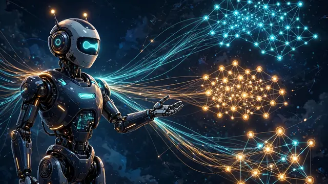 A robot assistant connected by luminous threads to clusters of glowing nodes for knowledge, memory, and skills