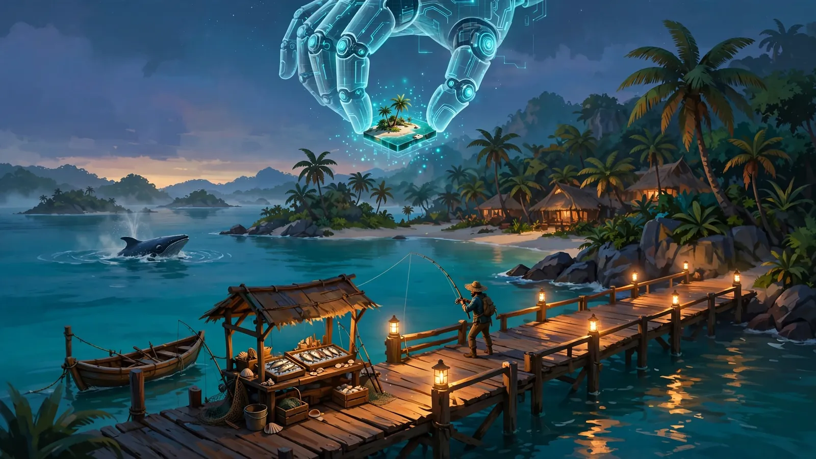 An AI robot hand placing a tiny tropical island into a fishing village scene at dusk, with a pier, a fisherman, a fish stand, and a whale