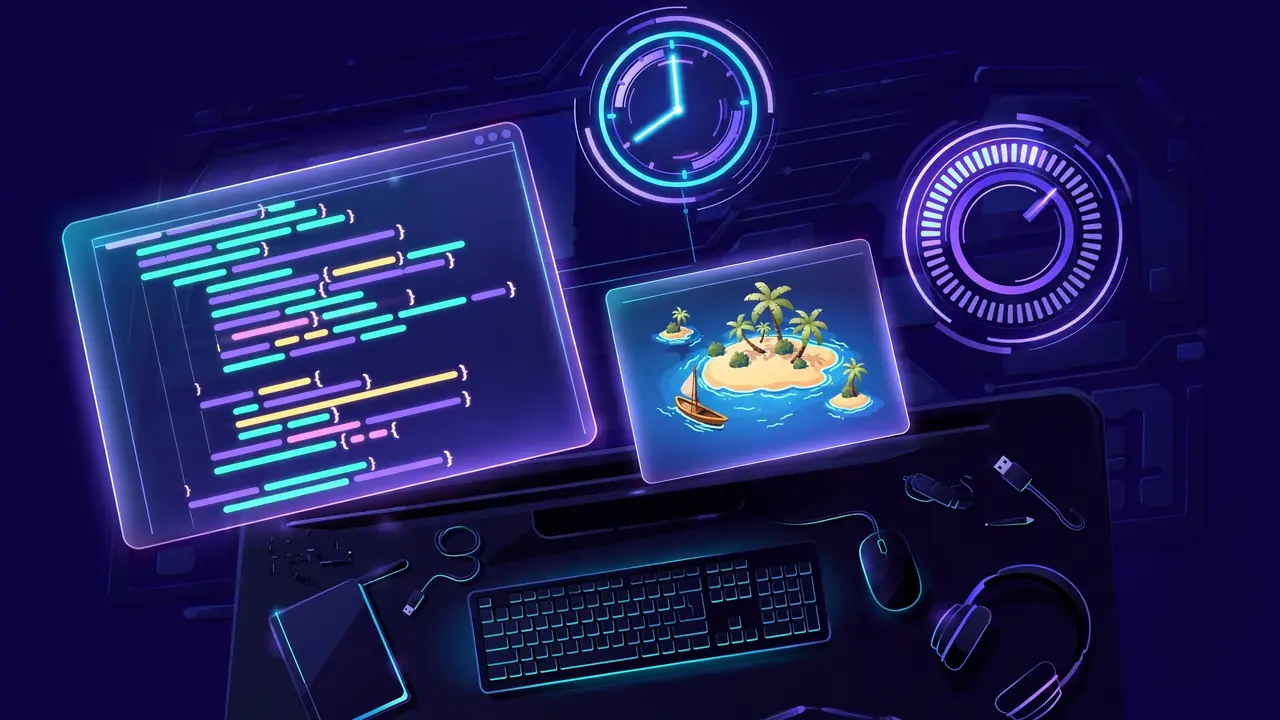 A glowing code editor, a small island-game preview, a clock and a token meter on a dark developer desk