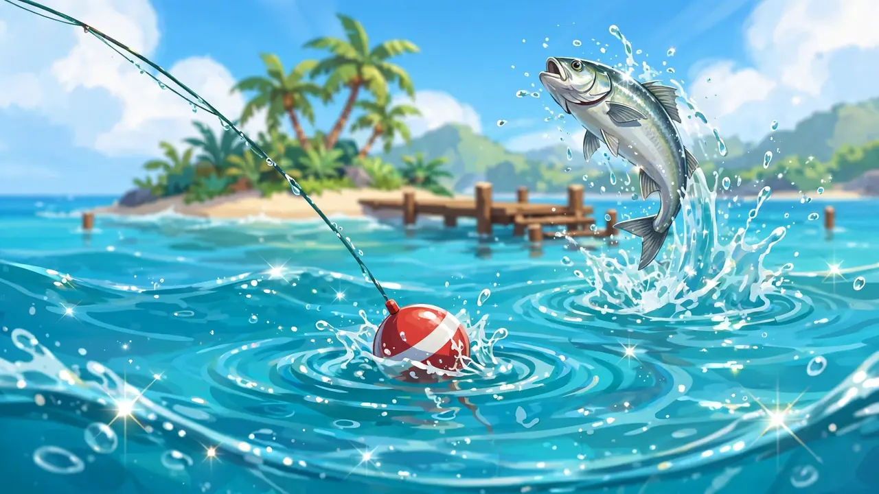 A fish leaping out of turquoise water near a bobber, with a tropical island and pier in the background