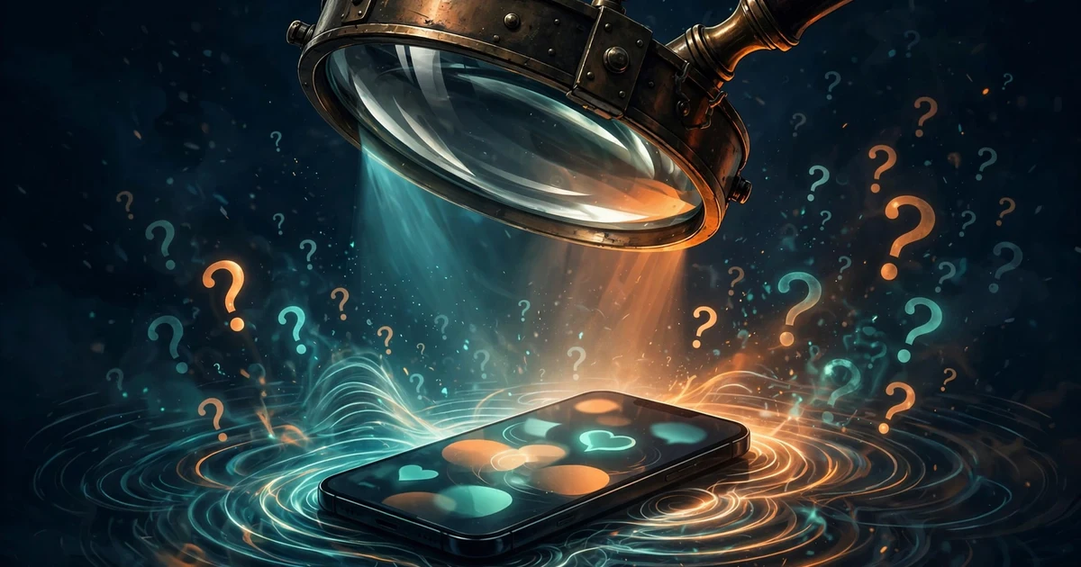 A magnifying glass over a glowing social media post, representing rumor investigation