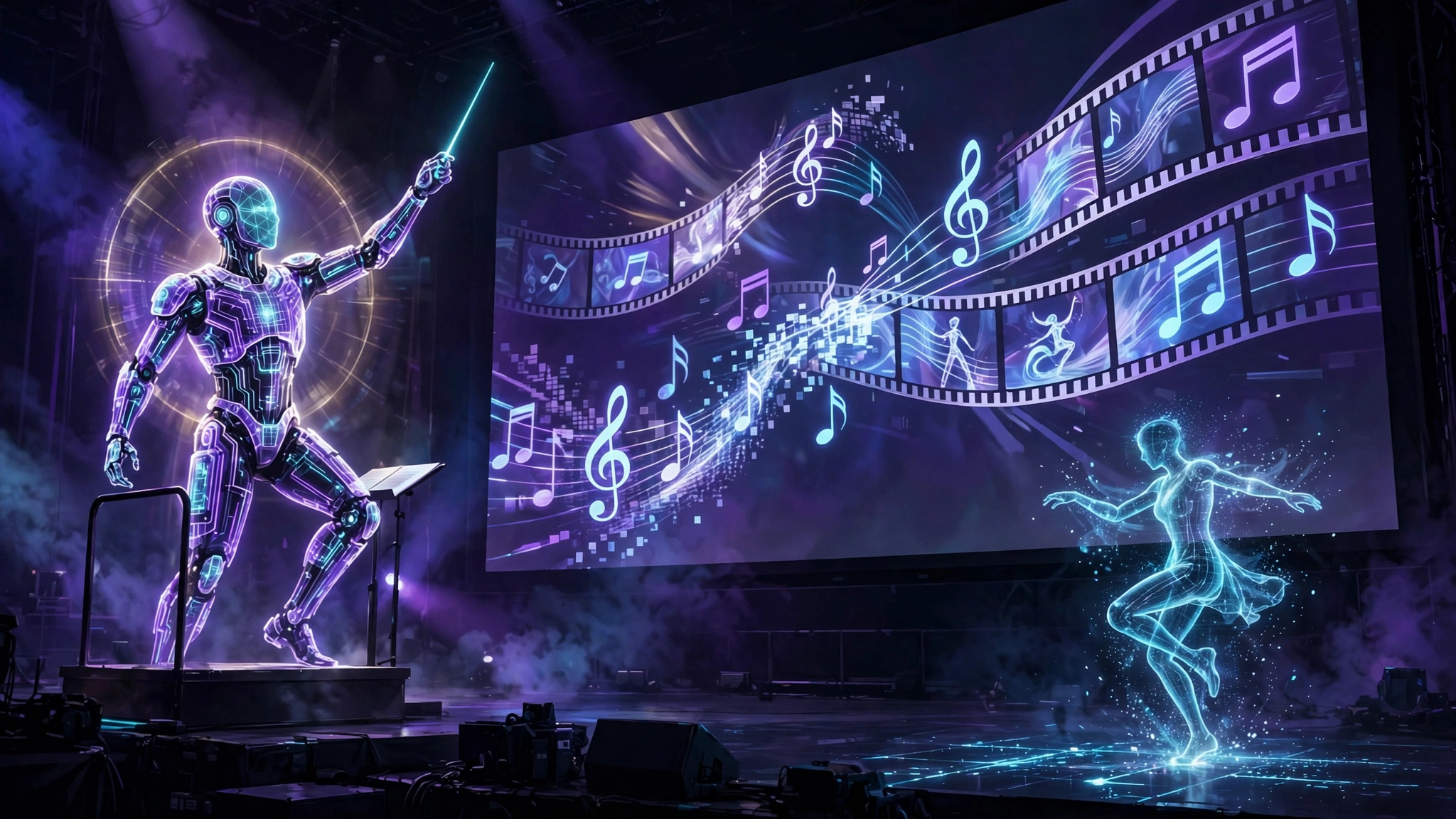 Editorial illustration: a glowing AI figure conducting an animated music video on a giant cinema screen, with a translucent holographic dancer on a dark stage