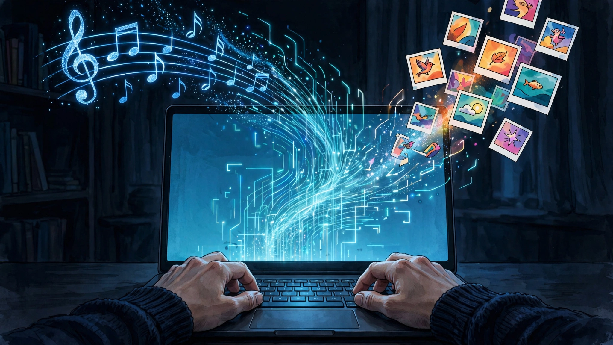 Editorial illustration: hands typing on a laptop as glowing code dissolves into a musical score and floating animation frames
