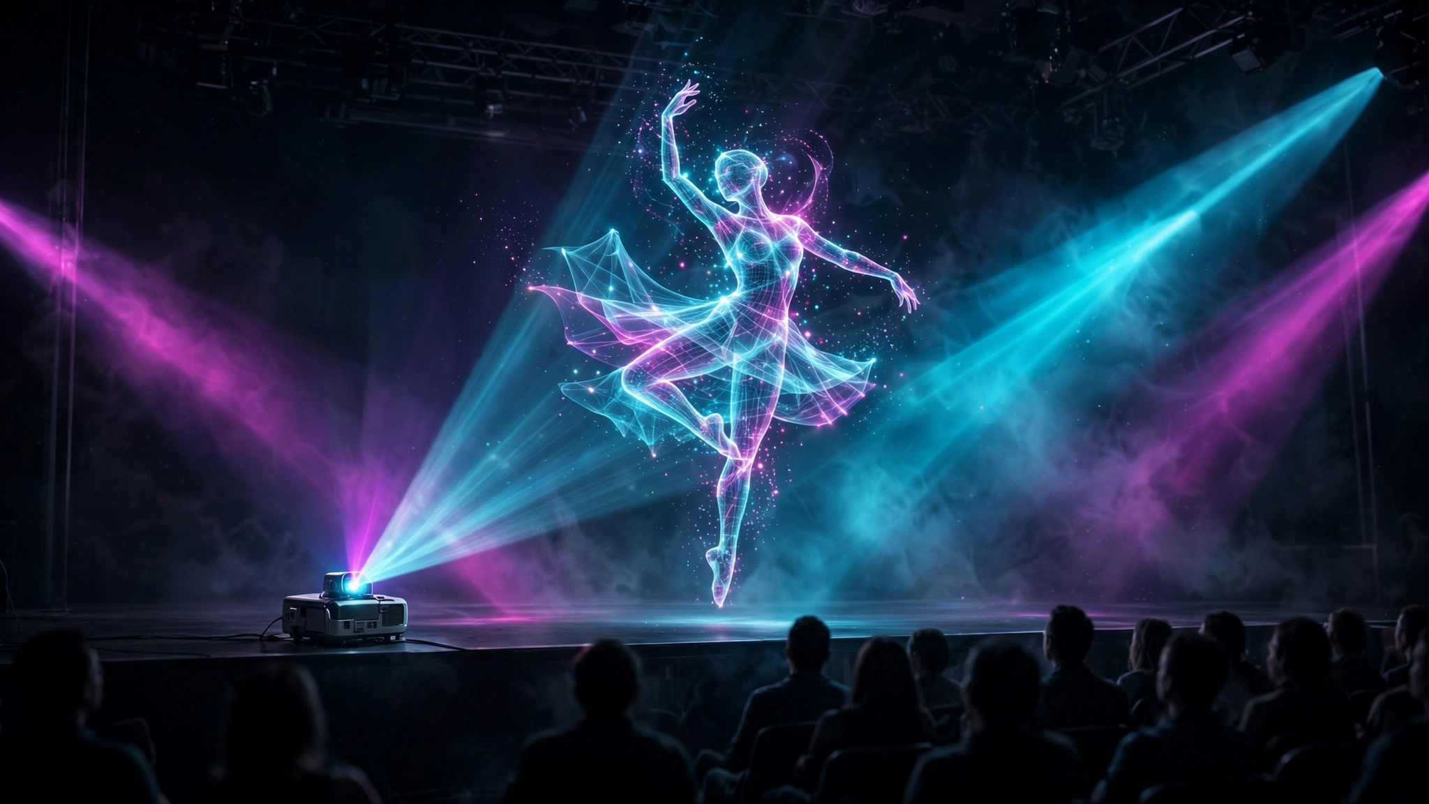 Editorial illustration: a translucent holographic dancer performing on a dark concert stage before an audience