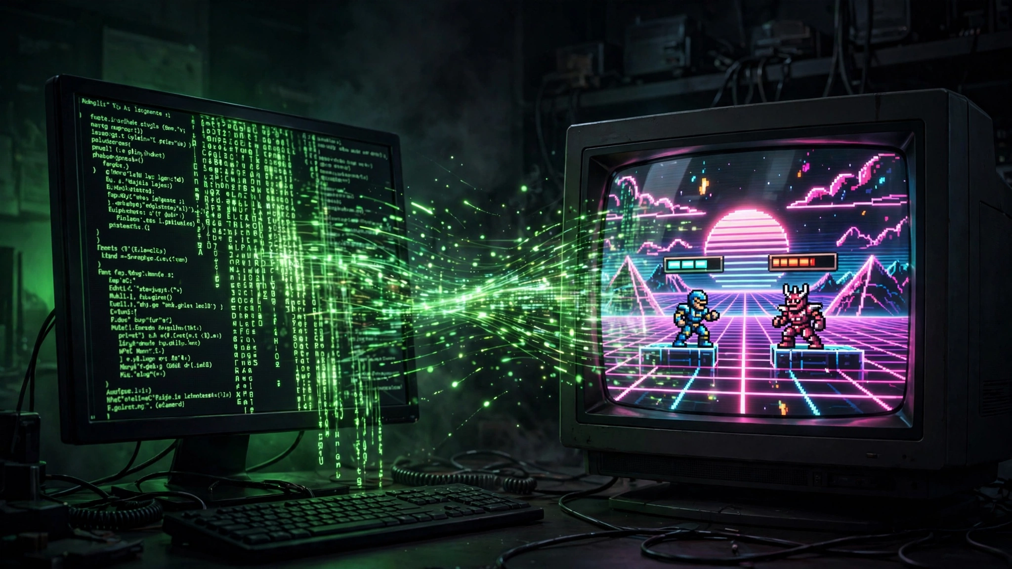 Editorial illustration: green code streaming from a terminal into a CRT monitor displaying a 16-bit pixel-art boss battle with health bars