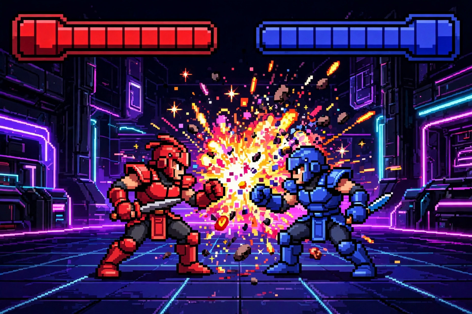 AI-generated illustration of a 16-bit pixel-art boss battle with health bars, in the style of the video