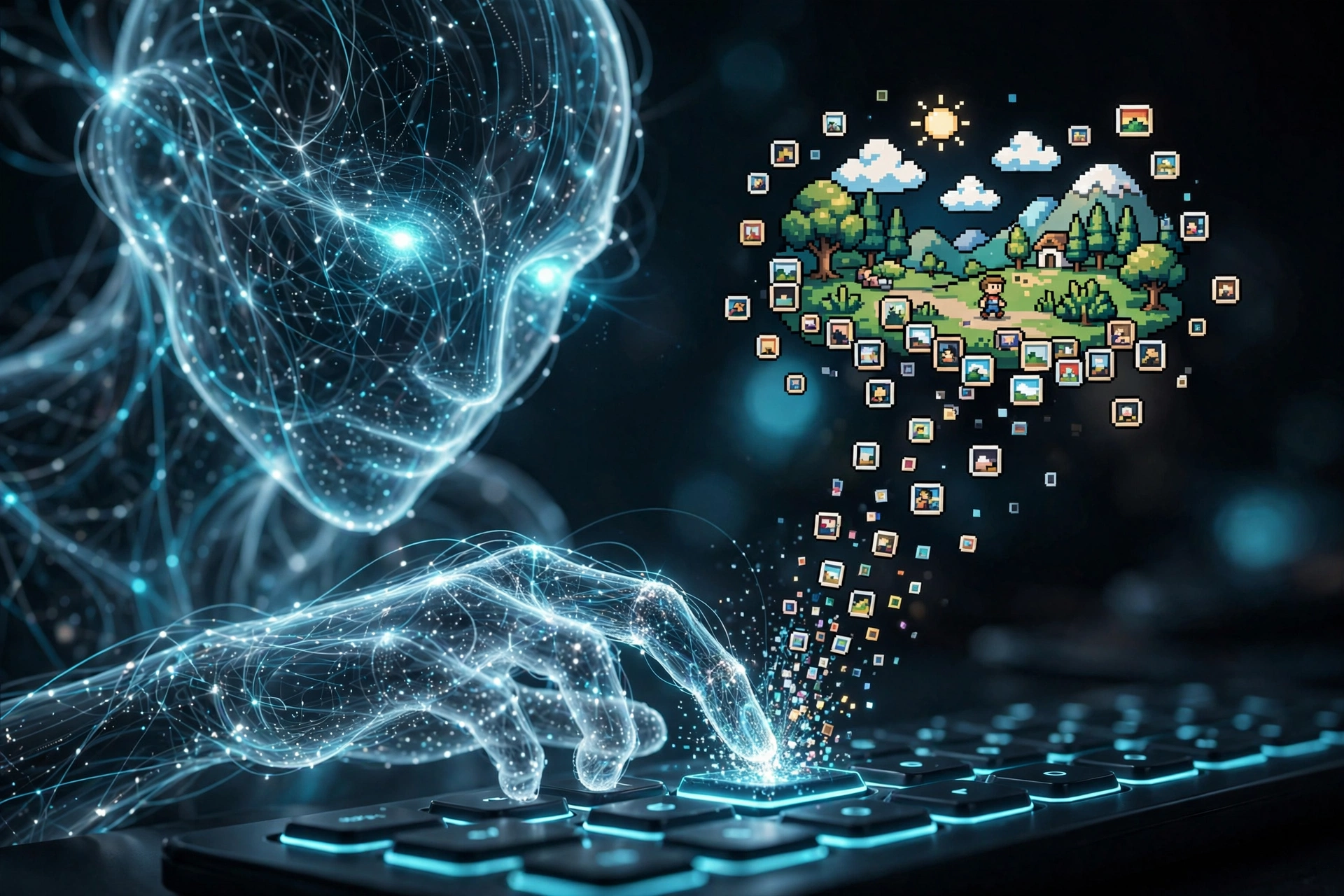 AI-generated illustration of a glowing AI entity typing, its keystrokes releasing animated pixel-art frames