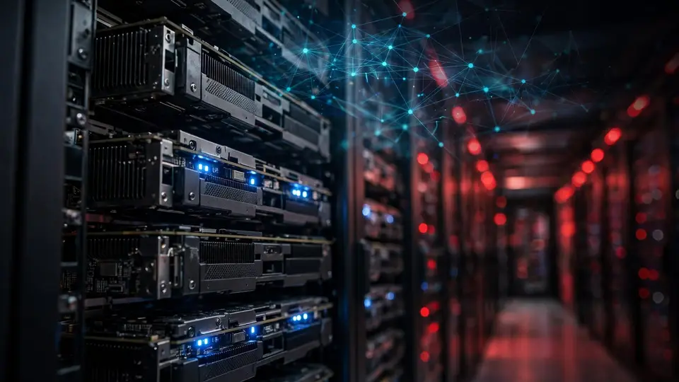 Rows of GPU servers in a hyperscale AI data center with red-lit network node overlays