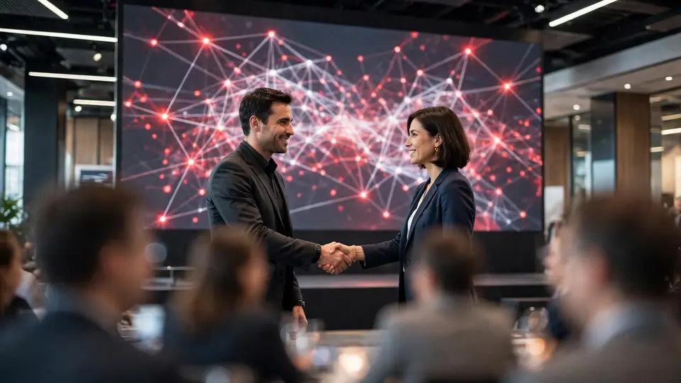 Partners shaking hands at a technology conference with an AI network visualization on stage