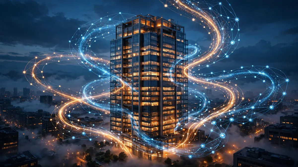 A glass corporate tower at dusk wrapped in glowing streams of connected data nodes, illustrating enterprise software connected by conversational AI