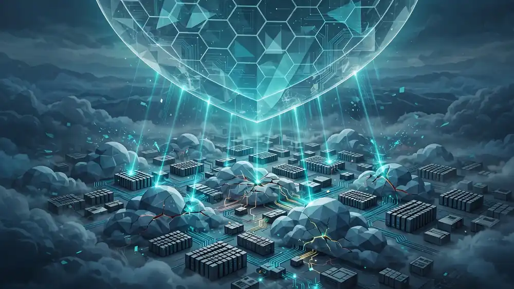 A translucent digital shield scanning a cloud data center and sealing cracks in its network