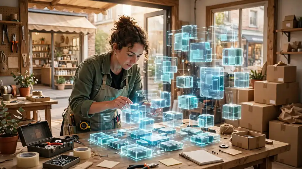 A small-business founder assembling a glowing holographic application from floating modular blocks at a workshop desk